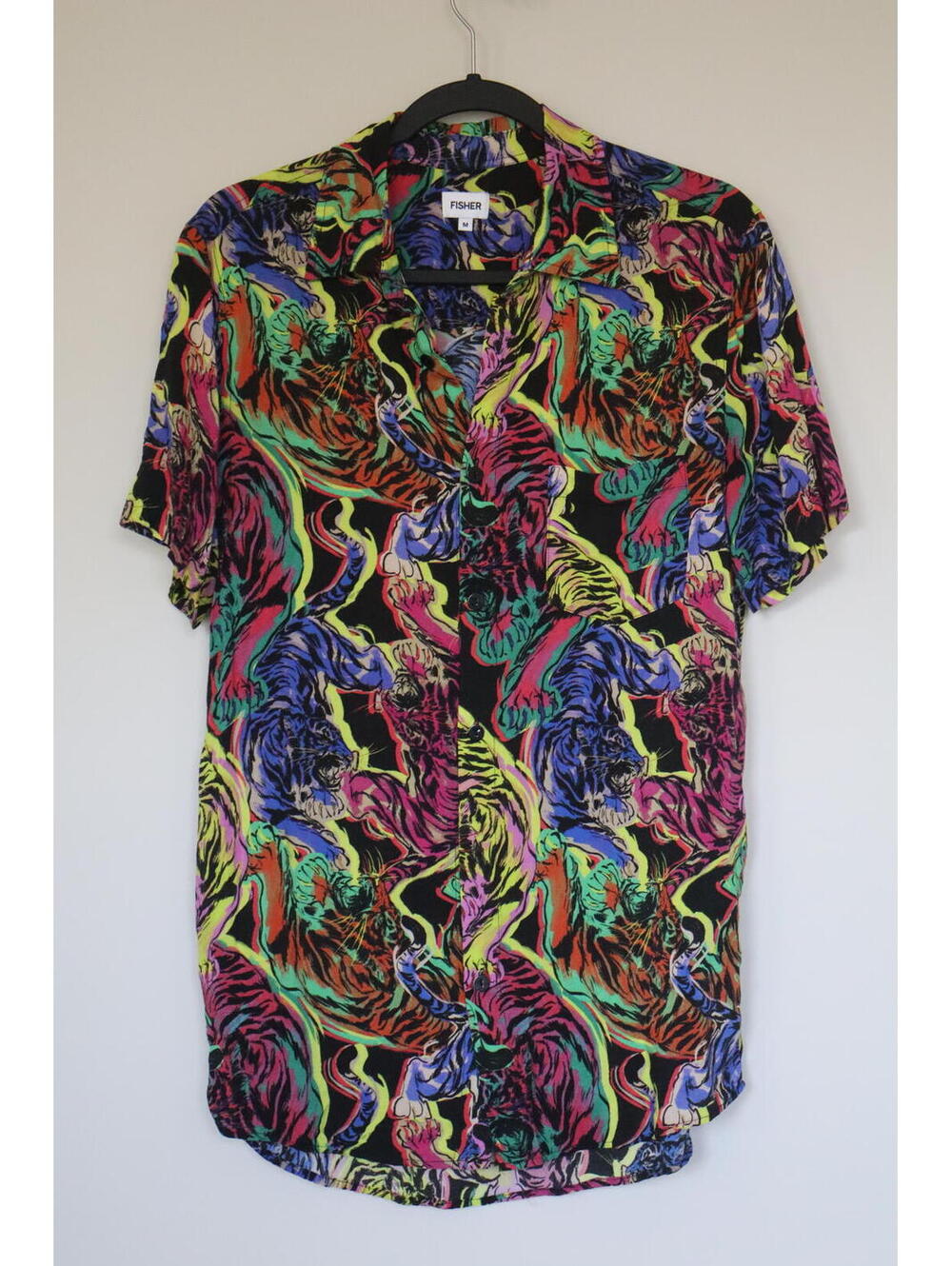 Fisher colorful tiger print button up party shirt size Medium